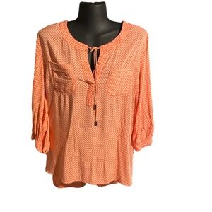 NWOT Large Stylus orange & white pearl snap sleeve hi lo Boho tunic top